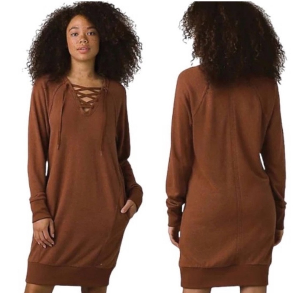 Prana Long-Sleeve Lace-Up Sweatshirt Dress in Rust Brown